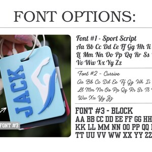 May include: A rectangular light blue luggage tag featuring the name JACK in raised blue letters and a white and blue swimmer graphic. The image displays three font options: Sport Script, Cursive, and BLOCK, with full alphabet examples for each.