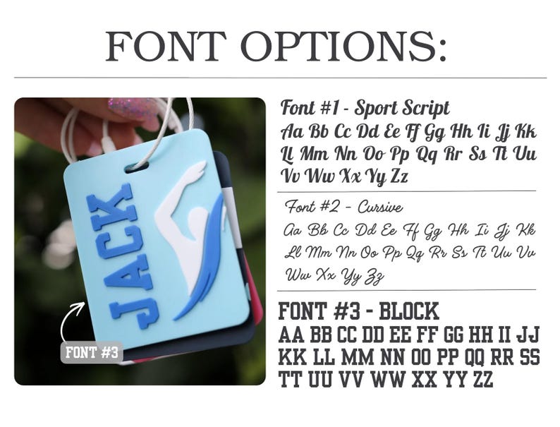 May include: A rectangular light blue luggage tag featuring the name JACK in raised blue letters and a white and blue swimmer graphic. The image displays three font options: Sport Script, Cursive, and BLOCK, with full alphabet examples for each.
