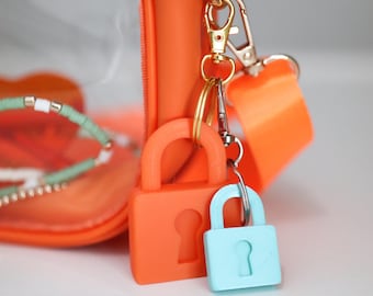 Showgirl Era Inspired Large & Mini Lock Keychain – Bag Charm in Orange, Sparkly Purple + Mint