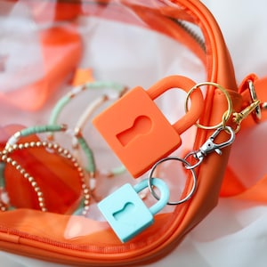 Puede incluir: Una bolsa naranja con cremallera y frontal transparente, que contiene pulseras y dos llaveros. Un llavero tiene un candado naranja, el otro un candado azul claro. Los llaveros están sujetos a un cierre dorado y plateado.