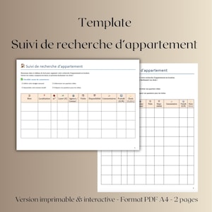 Peut inclure: Un modèle imprimable de recherche d'appartement au format PDF, avec une liste de contrôle, une fiche de visite et un format portrait/paysage. Le modèle comprend des sections pour l'emplacement, le loyer, le contact et les commentaires.