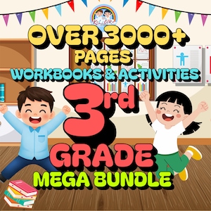 May include: A colorful graphic promoting a 3rd grade mega bundle of workbooks and activities. The text reads "OVER 3000+ PAGES WORKBOOKS & ACTIVITIES 3rd GRADE MEGA BUNDLE" with cartoon children and stacks of books. The background is a classroom setting.