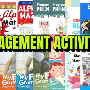 May include: A collection of educational resources and activity books for children. The image features colorful covers with titles like "Alphabet," "Phonics," and "CVC," along with the text "Engagement Activities" in large, green letters.