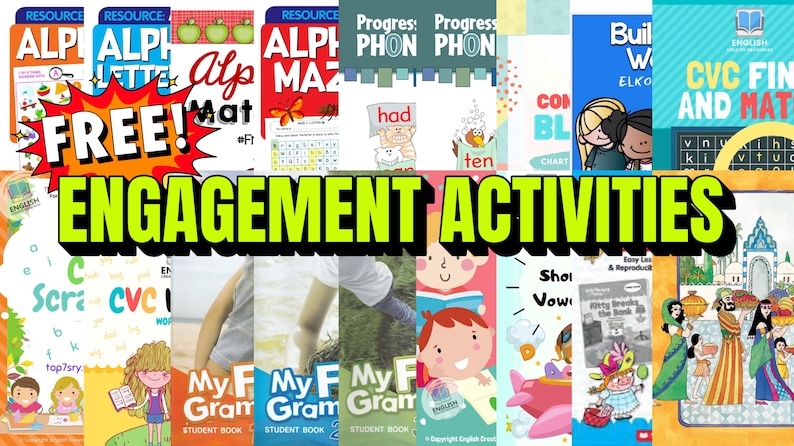 May include: A collection of educational resources and activity books for children. The image features colorful covers with titles like "Alphabet," "Phonics," and "CVC," along with the text "Engagement Activities" in large, green letters.