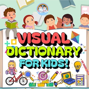 Puede incluir: Ilustración colorida de un diccionario visual para niños. El texto del título es rojo, amarillo y azul. La imagen incluye niños de dibujos animados, una muñeca, una bicicleta, una lupa, un objetivo, un lápiz, un portátil y un ábaco.