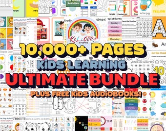 Könnte beinhalten: Eine farbenfrohe Collage von Lernmaterialien für Kinder. Das Bild zeigt verschiedene Lernaktivitäten, darunter Labyrinthe, Alphabetübungen und das Nachzeichnen von Zahlen. Der Text auf dem Bild lautet "10,000+ PAGES KIDS LEARNING ULTIMATE BUNDLE PLUS FREE KIDS AUDIOBOOKS!"