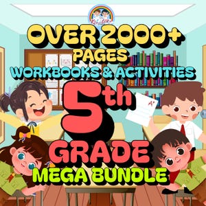 Peut inclure: Une image colorée faisant la promotion d'un méga pack de cahiers d'exercices et d'activités pour la 5e année. L'image présente des enfants de dessins animés, le texte "OVER 2000+ PAGES WORKBOOKS & ACTIVITIES" et les mots "5th GRADE MEGA BUNDLE".