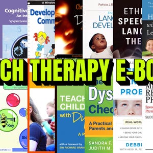 May include: A collection of speech therapy eBooks with various covers. The title "SPEECH THERAPY E-BOOKS" is prominently displayed in large, green, and yellow letters. The books cover topics like child speech, language development, and therapy.
