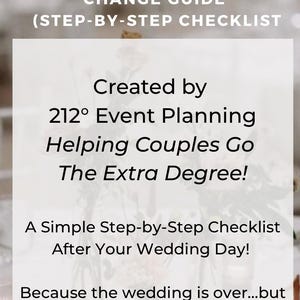 Puede incluir: Un fondo blanco presenta el texto "GUÍA DE CAMBIO DE NOMBRE PARA RECIÉN CASADOS (LISTA DE VERIFICACIÓN PASO A PASO)". El texto continúa con "Creado por 212° Event Planning Helping Couples Go The Extra Degree!" y "¡Una sencilla lista de verificación paso a paso después del día de tu boda!"