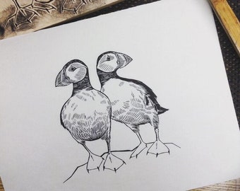 Puffins Woodcut Print