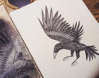 Crow Woodcut Print