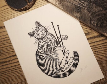 Knitten' Kitten Woodcut Print