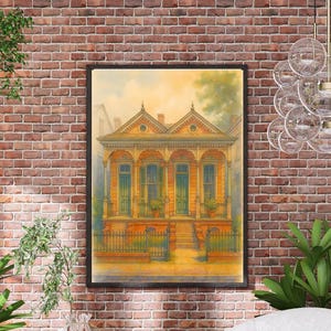 Arte en lienzo enmarcado de la casa del Barrio Francés de Nueva Orleans, acuarela y lápiz, impresionista, arquitectura de NOLA, decoración de pared, regalo para el hogar sureño