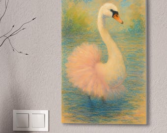 Stravagante dipinto ad acquerello raffigurante un cigno in tutù su tela - Decorazione impressionista per cameretta delle bambine