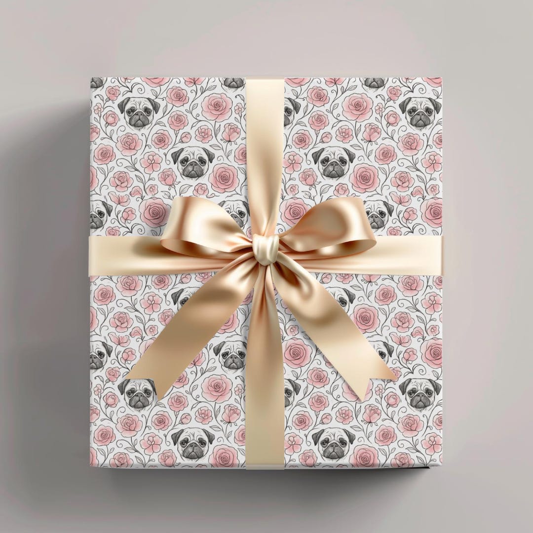 Pink & White Whimsical Pug Wrapping Paper — Pen and Ink Watercolor Dog ...