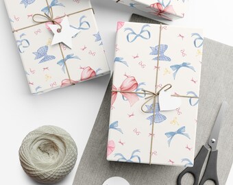 Pink & Blue Bow Wrapping Paper Birthday Gift Wrap Baby Shower Vintage Wrapping Paper Roll Gift Wrap Paper, Coquette Gift Wrap