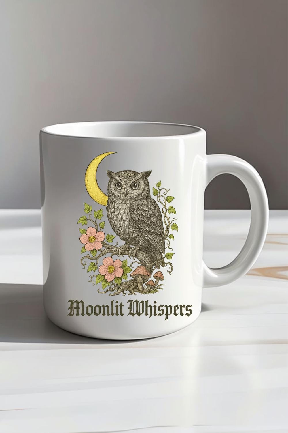 Moonlit Whispers Owl Mug | Pen and Ink Gothic Owl Ceramic Cup | Spooky Halloween Coffee Mug | Witchy