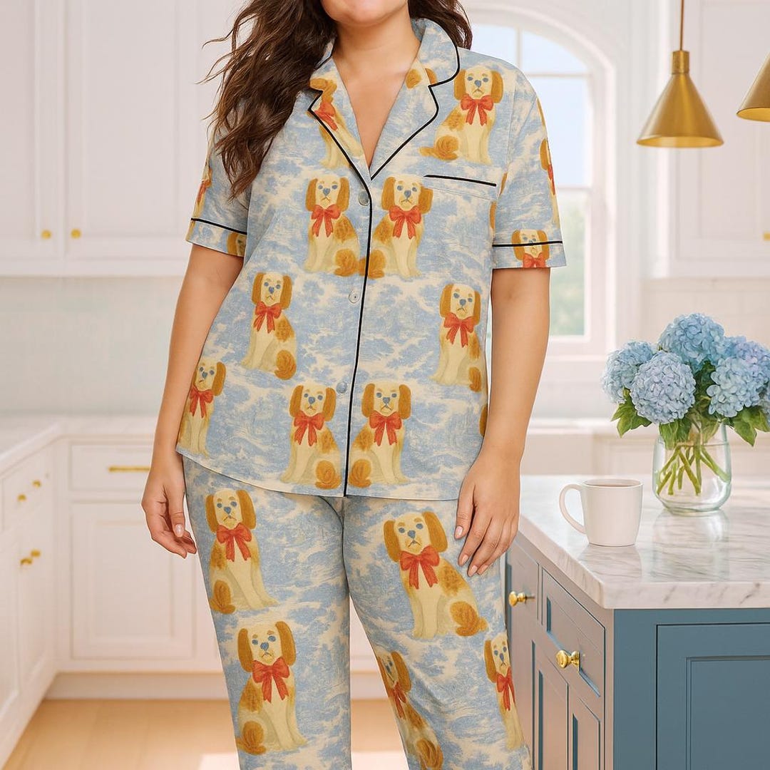 Blue Toile Staffordshire Dog Satin Pajama Set — Red Bow Preppy Coquette ...