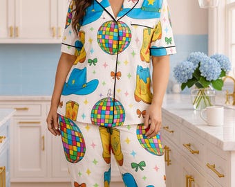 Southern Cowgirl Satin Pajama Set | Cowboy Boot & Disco Ball Print | Western Cute Everyday PJs with Black Piping