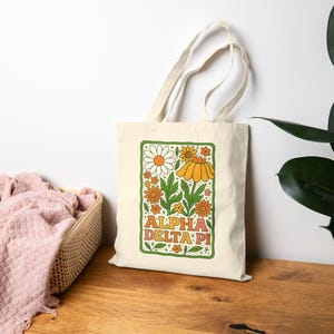 Alpha Delta Pi Sorority Canvas Floral Block Print Tote Bag Greek Life Gift Cute College Girl Big Little Sisterhood Recruitment Greek Letters