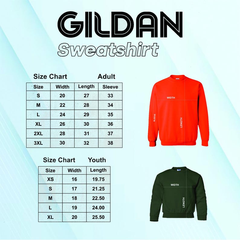 Pu&ograve; includere: Immagine di una felpa Gildan con tabelle delle taglie per adulti e ragazzi. La tabella delle taglie per adulti include le misure di larghezza, lunghezza e lunghezza delle maniche. Vengono mostrate due felpe, una arancione e una verde scuro.