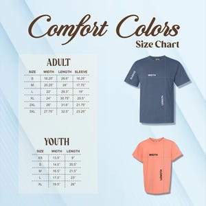 Peut inclure: Un tableau des tailles pour les t-shirts Comfort Colors, avec des mesures en centim&egrave;tres. Le tableau comprend les tailles adultes et jeunes, indiquant la largeur, la longueur et les mesures des manches. Deux t-shirts, un bleu et un p&ecirc;che, sont affich&eacute;s.