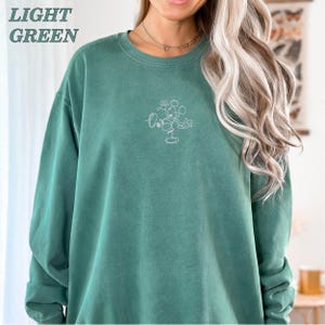 Op de afbeelding: Lichtgroene sweatshirt met een ronde hals en lange mouwen. De sweatshirt heeft een witte omtrek van een stripfiguur op de voorkant. De woorden "LIGHT GREEN" staan in de linkerbovenhoek gedrukt.