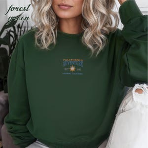Pu&ograve; includere: Felpa verde foresta con la scritta "CALIFORNIA ADVENTURE" e un disegno a bussola. &Egrave; visibile anche il testo "EST. 2001" e "ANAHEIM, CALIFORNIA". La felpa &egrave; a tinta unita e ha maniche lunghe.