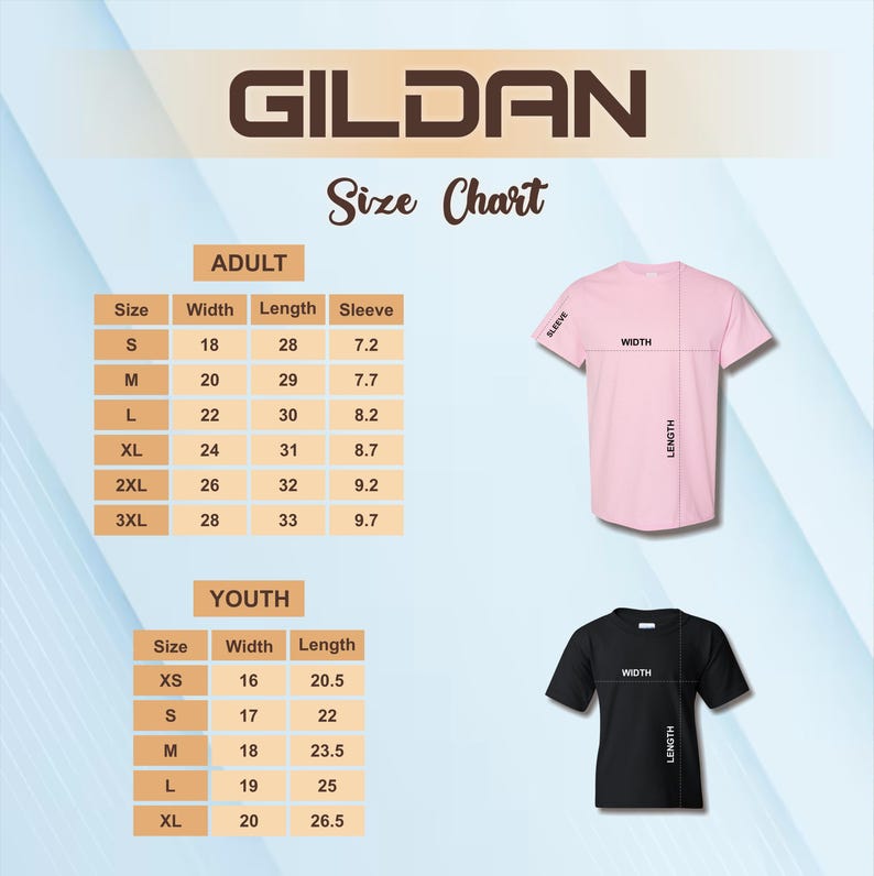 May include: A size chart for Gildan t-shirts, featuring adult and youth sizes. The adult sizes range from small (18" width, 28" length) to 3XL (28" width, 33" length). Youth sizes range from XS (16" width, 20.5" length) to XL (20" width, 26.5" length).