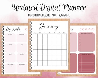 Undated Digital Planner, Monthly Weekly Daily Digital Planner, Goodnotes, Notability, Portrait iPad Planner, Hyperlinked Tabs, Minimalist