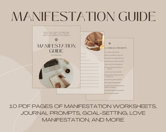 Op de afbeelding: Een digitale gids voor manifestatie met 10 pagina's aan werkbladen, dagboekprompts, doelstellingen, liefdesmanifestatie en meer. De gids bevat een citaat: "Wat je denkt, word je. Wat je voelt, trek je aan. Wat je je voorstelt, creëer je."