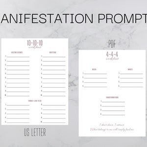 May include: Two printable worksheets for manifestation journaling. The first worksheet is titled "10-10-10 worksheet" and has sections for "Exciting Desires" and "Gratitude". The second worksheet is titled "4-4-4 worksheet" and has sections for "Needs", "Wants", and "Transformations". Both worksheets have a pink and white color scheme.