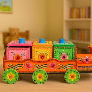 Wooden Toy Train with Storage Boxes | Handmade Indian Wooden Toy | Decorative Organizer | Kids Room Decor | Rustic Desk Box Holder Gift