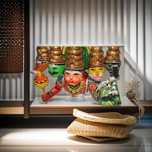 Hand-Carved Panchmukhi Flying Hanuman Statue: Ramayana Wall Decor