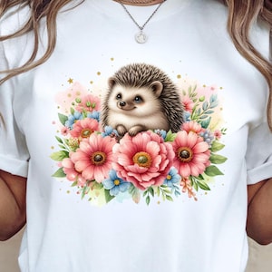 Cute Hedgehog T-Shirt with Flowers | Woodland Animal Graphic Tee | Adorable Hedgehog Lover Gift Shirt | Nature, Floral Animal T-Shirt