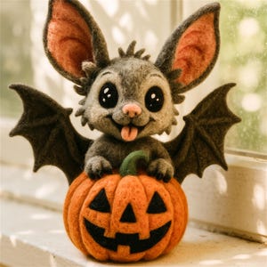 Chauve-souris en feutre de laine fait main sur citrouille, décoration d'Halloween (3,5 pouces)