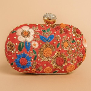 Red Floral Embroidered Clutch: Handmade Wedding Party Purse