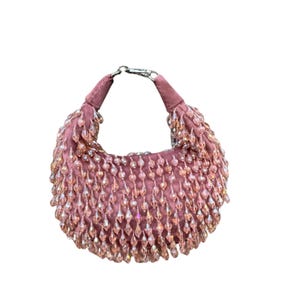 Handmade Pink Beaded Shoulder Bag Elegant Crystal Drop Purse for Evening, Party & Wedding