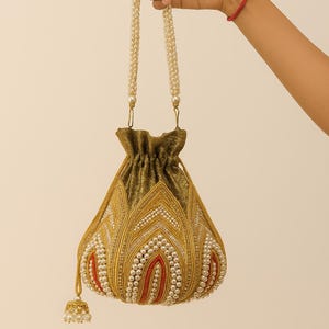 Embroidered Gold Pearl Potli Bag: Indian Wedding Clutch, Sangeet Handbag