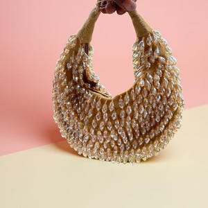 Golden Beaded Clutch Purse Handmade Evening Bag with Crystal Drop Embellishments Wedding & Party Handbag