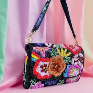 Handmade Beaded Floral Clutch: Embroidered Evening Bag with Detachable Strap