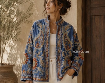 Blue Embroidered Velvet Jacket | Suzani Tribal Floral Coat, Uzbek Style