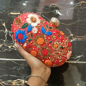 Red Floral Embroidered Clutch Handmade Wedding & Party Purse, Bridal Statement Bag Floral Clutch Bag For Festival And Parties