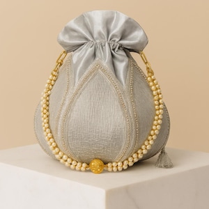 Handcrafted Silver Grey Silk Potli Bag: Ivory Pearl Handle Indian Wedding Clutch