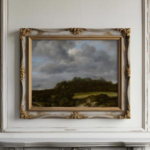 May include: An oil painting of a landscape with a cloudy sky and a field, framed in a decorative, ornate gold and gray frame. The painting is mounted on a white wall above a gray mantelpiece.