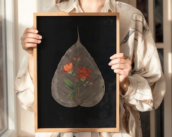 Skeleton Leaf Botanical Print with Orange Flowers | Antique Nature Wall Art (Digital Download)