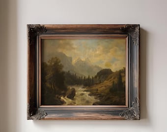 Mountain River Landscape Print – Moody Forest Path and Flowing Water Art (Digital Download)