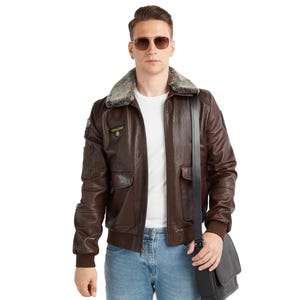 Dark Brown Sheepskin Leather Bomber Jacket: Aviator Style Fur Collar