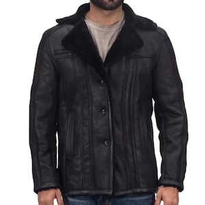 Men’s Black Shearling Coat | Real Sheepskin Leather Fur Lined Jacket | Notch Collar Winter Coat | Warm Shearling Leather Jacket for Men