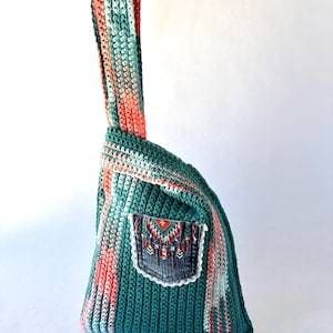 Stylish Upcycled Colorful  Crocheted Japanese Knot Bag. Wrist Handbag For Phone And Some Essentials.On the Go Fun.Handmade And One Of A Kind